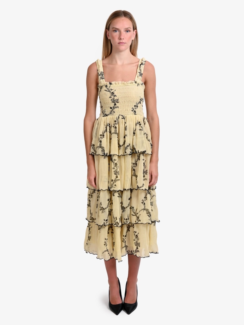 GANNI Pleated Georgette Flounce Smocked Midi Dress size 36 US 4